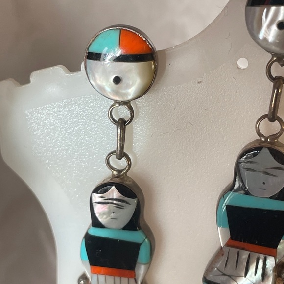 Zuni Sterling Silver Native American Girl Corn Maiden Earrings Inlaid Handmade - Picture 3 of 7